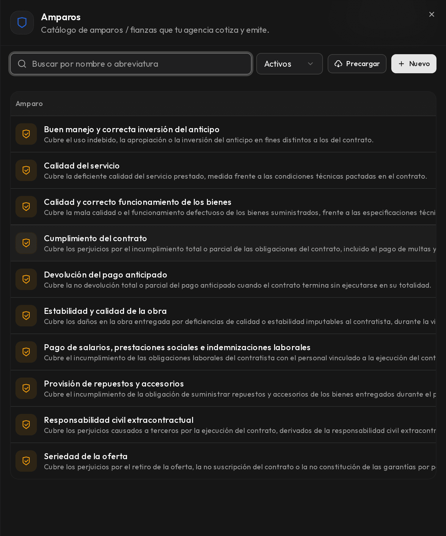 Panel lateral de Amparos con la lista, el buscador y los botones Precargar y Nuevo.