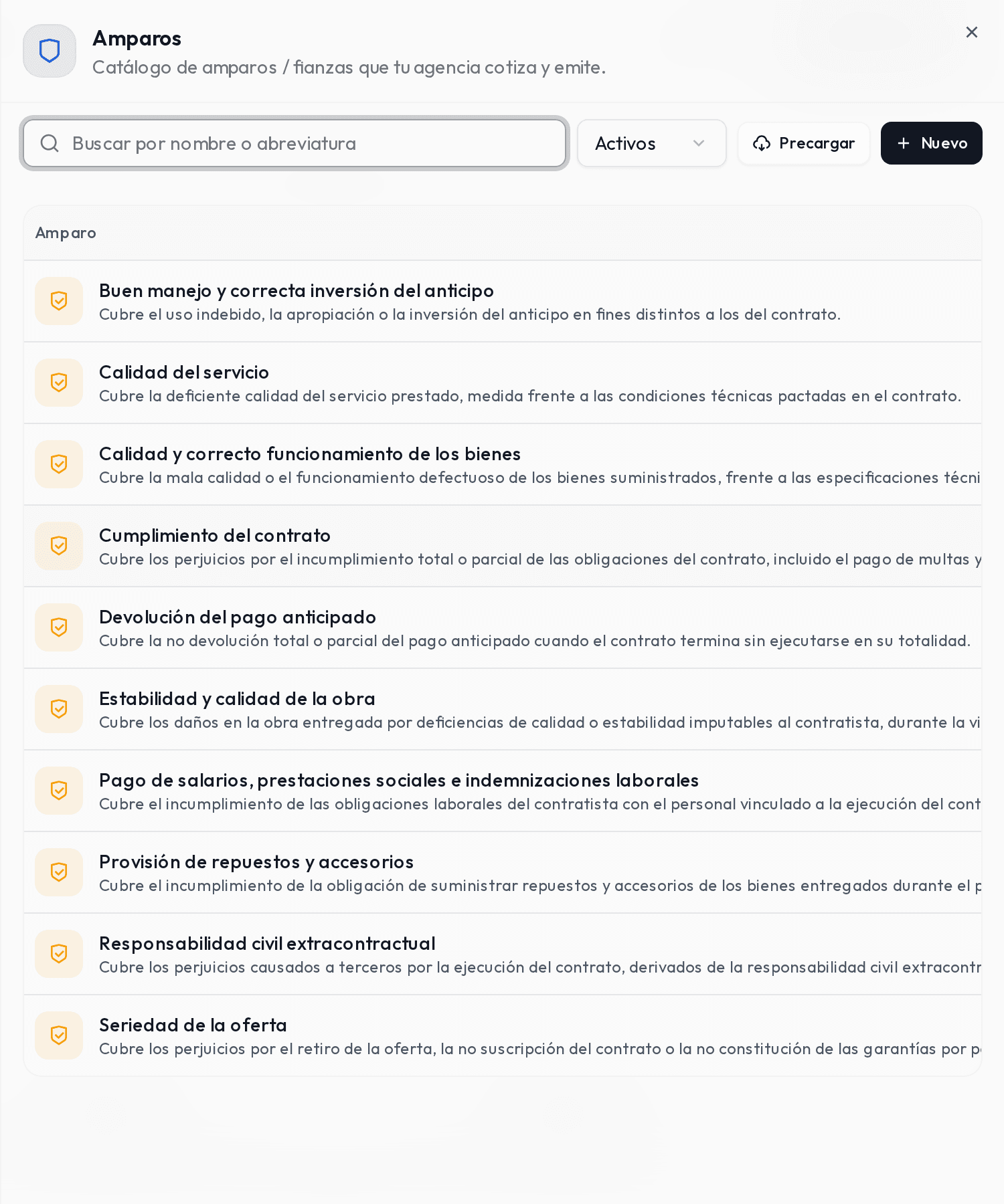 Panel lateral de Amparos con la lista, el buscador y los botones Precargar y Nuevo.
