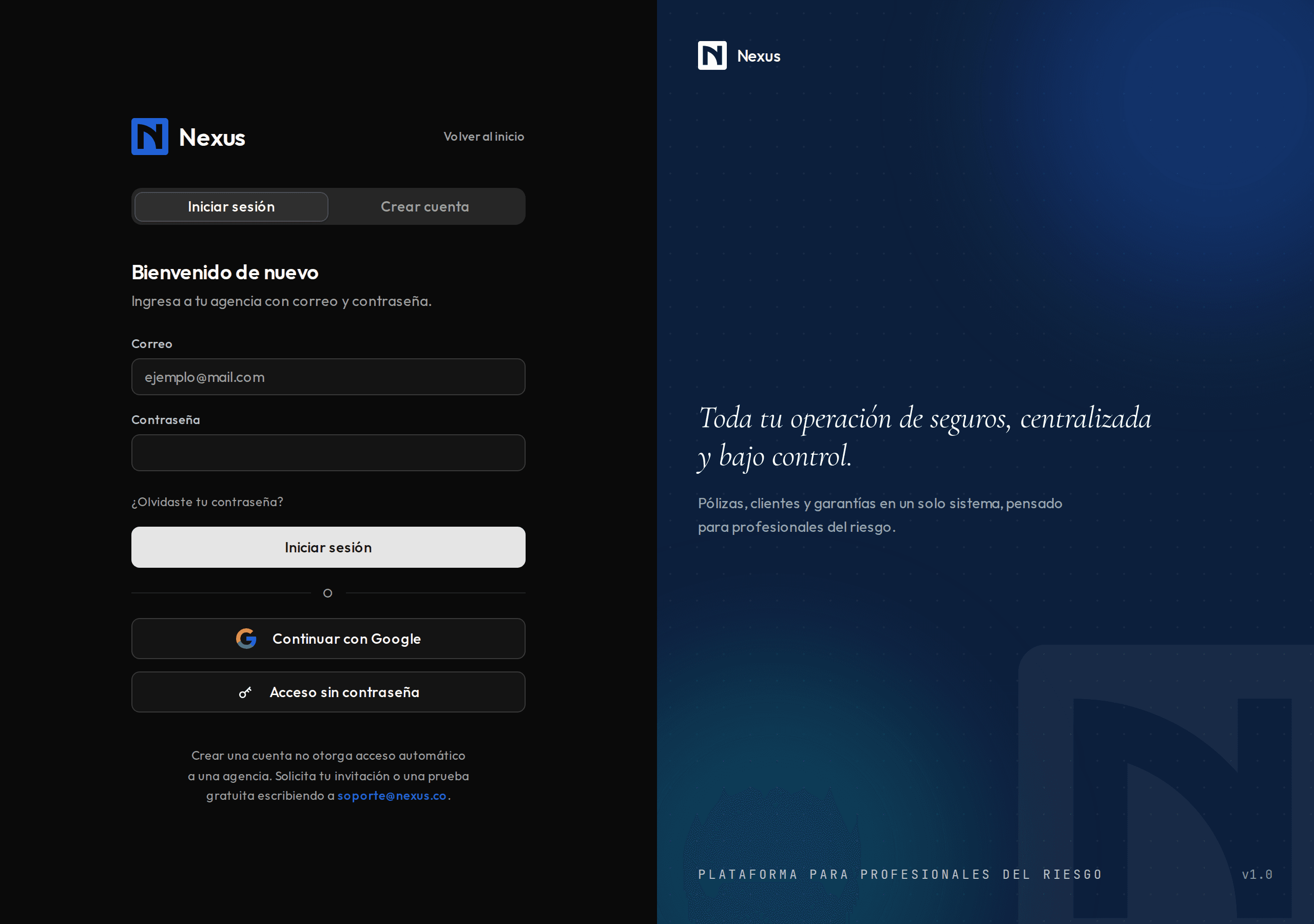 Pantalla de acceso con las pestañas Iniciar sesión y Crear cuenta.