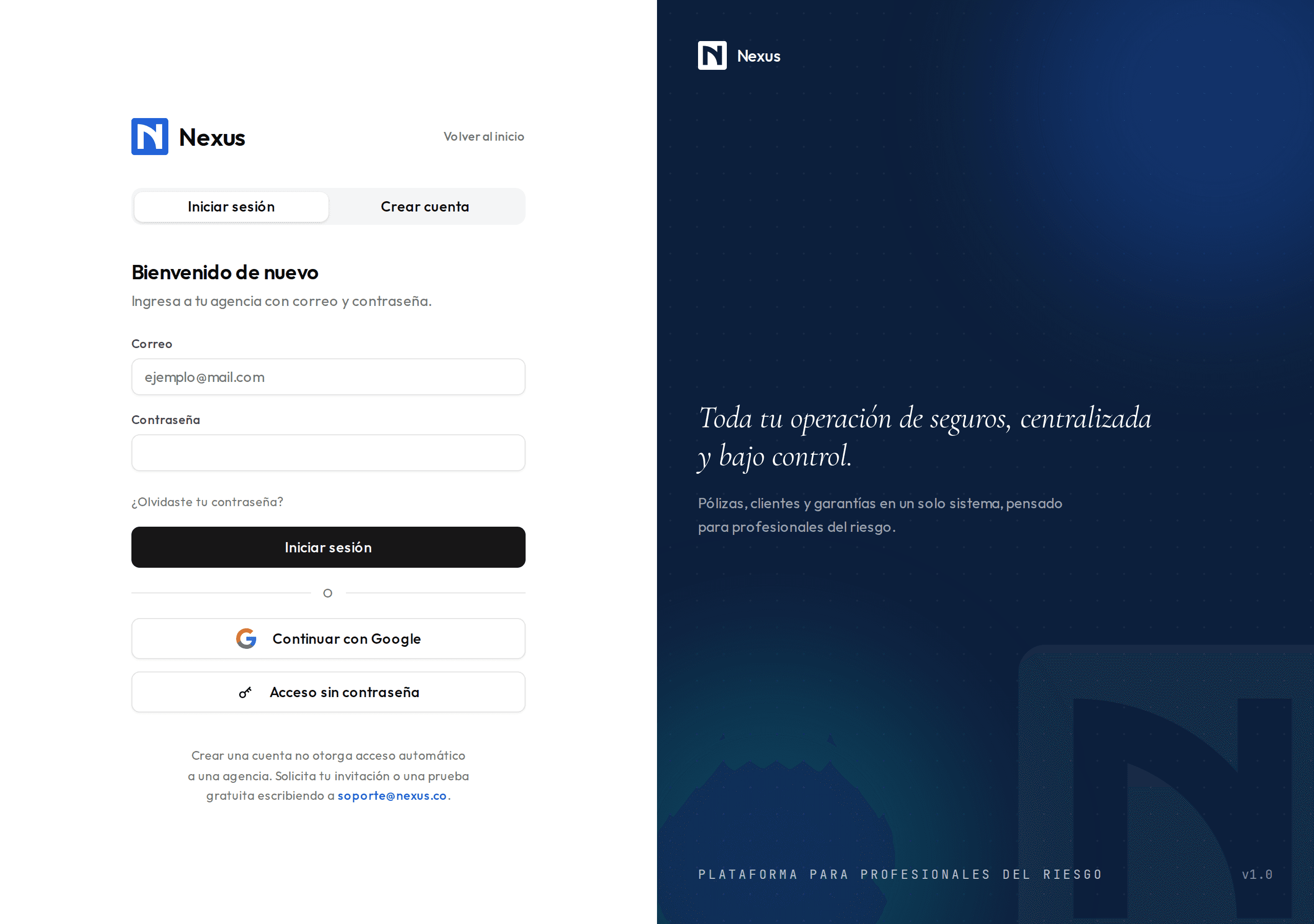 Pantalla de acceso con las pestañas Iniciar sesión y Crear cuenta.