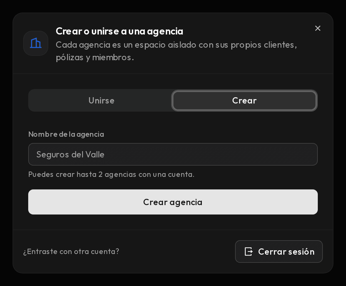 Ventana Crear o unirse a una agencia, con la pestaña Crear y el campo de nombre.