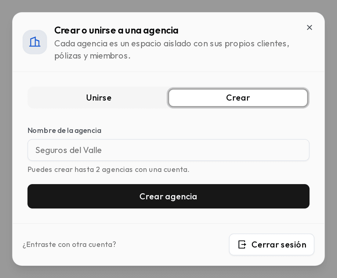 Ventana Crear o unirse a una agencia, con la pestaña Crear y el campo de nombre.