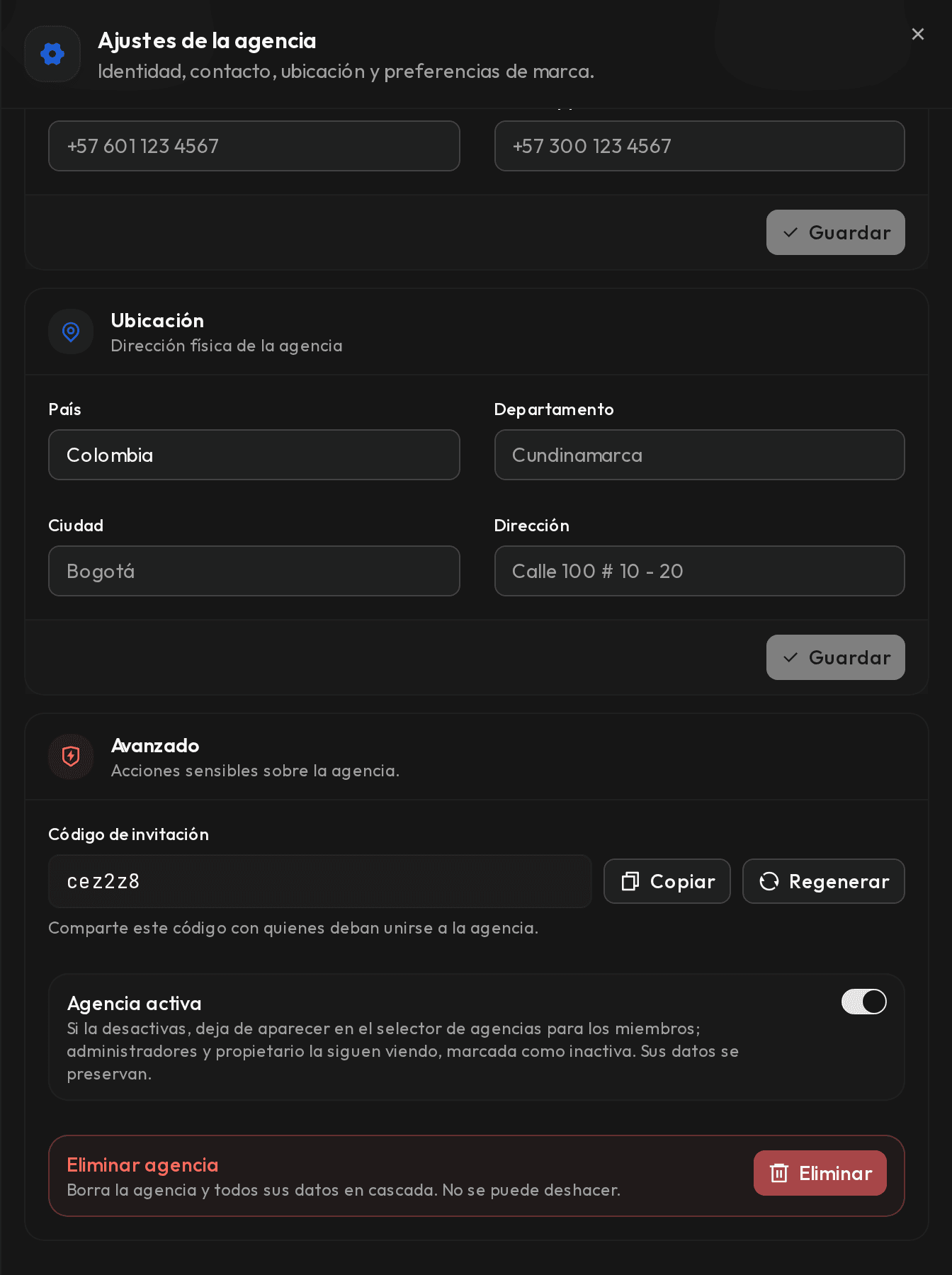 Bloque Avanzado con el código de invitación y los botones Copiar y Regenerar.