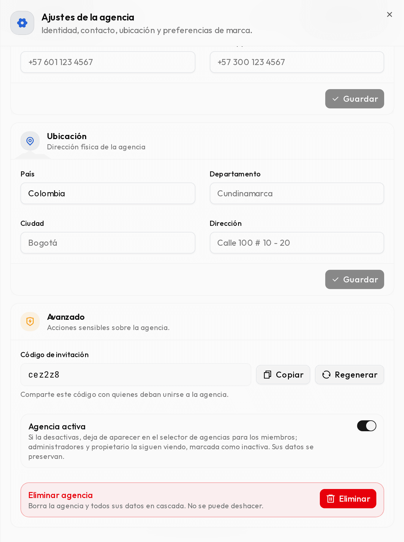 Bloque Avanzado con el código de invitación y los botones Copiar y Regenerar.