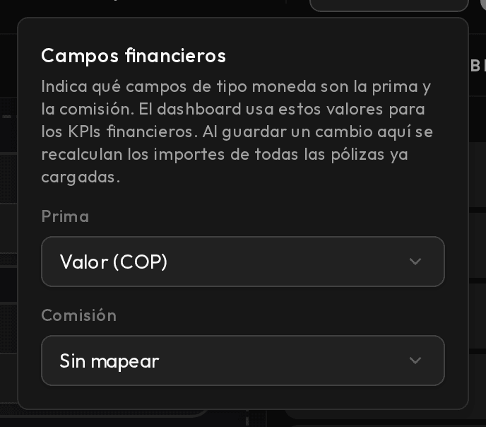 Panel Financiero del constructor con los selectores de prima y comisión.