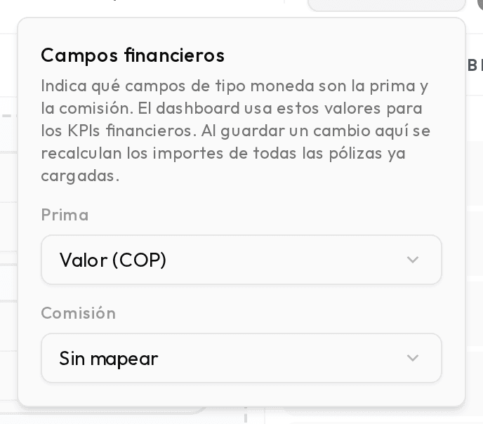 Panel Financiero del constructor con los selectores de prima y comisión.
