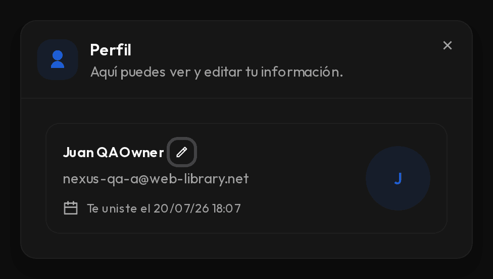 Menú de usuario del dock con la opción Perfil y la ventana de perfil abierta.