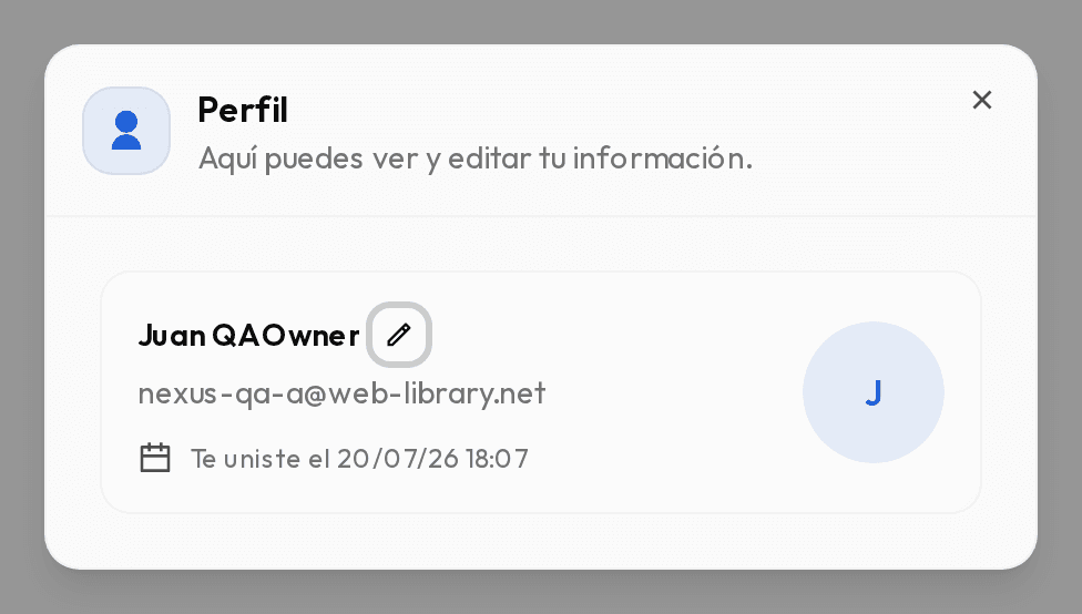Menú de usuario del dock con la opción Perfil y la ventana de perfil abierta.