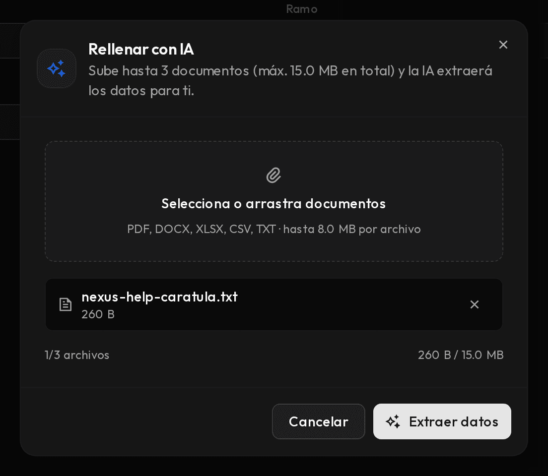 Ventana Rellenar con IA con un documento cargado y el botón Extraer datos.