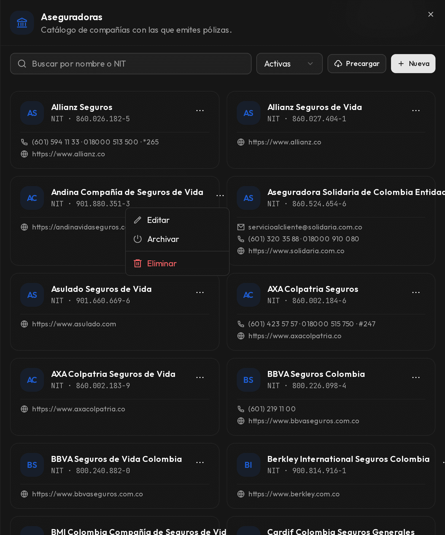 Menú de acciones de un elemento del catálogo con las opciones Editar, Archivar y Eliminar.