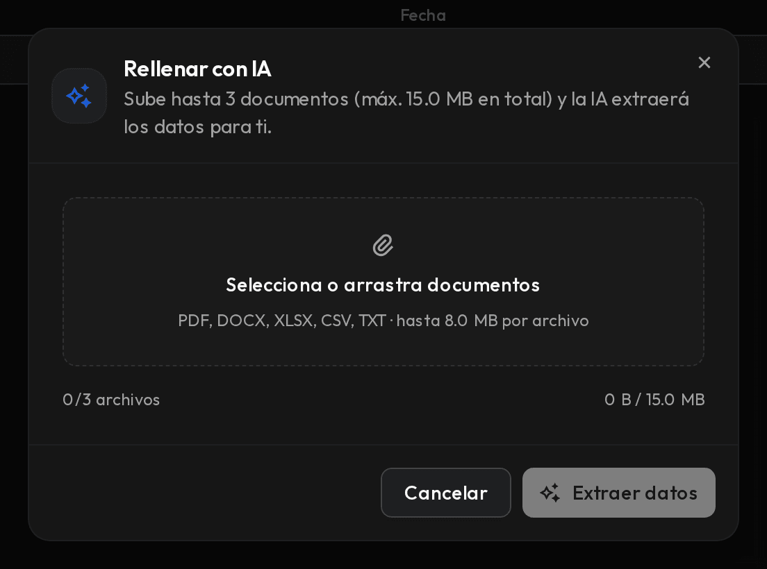 Ventana Rellenar con IA con la zona para arrastrar documentos.