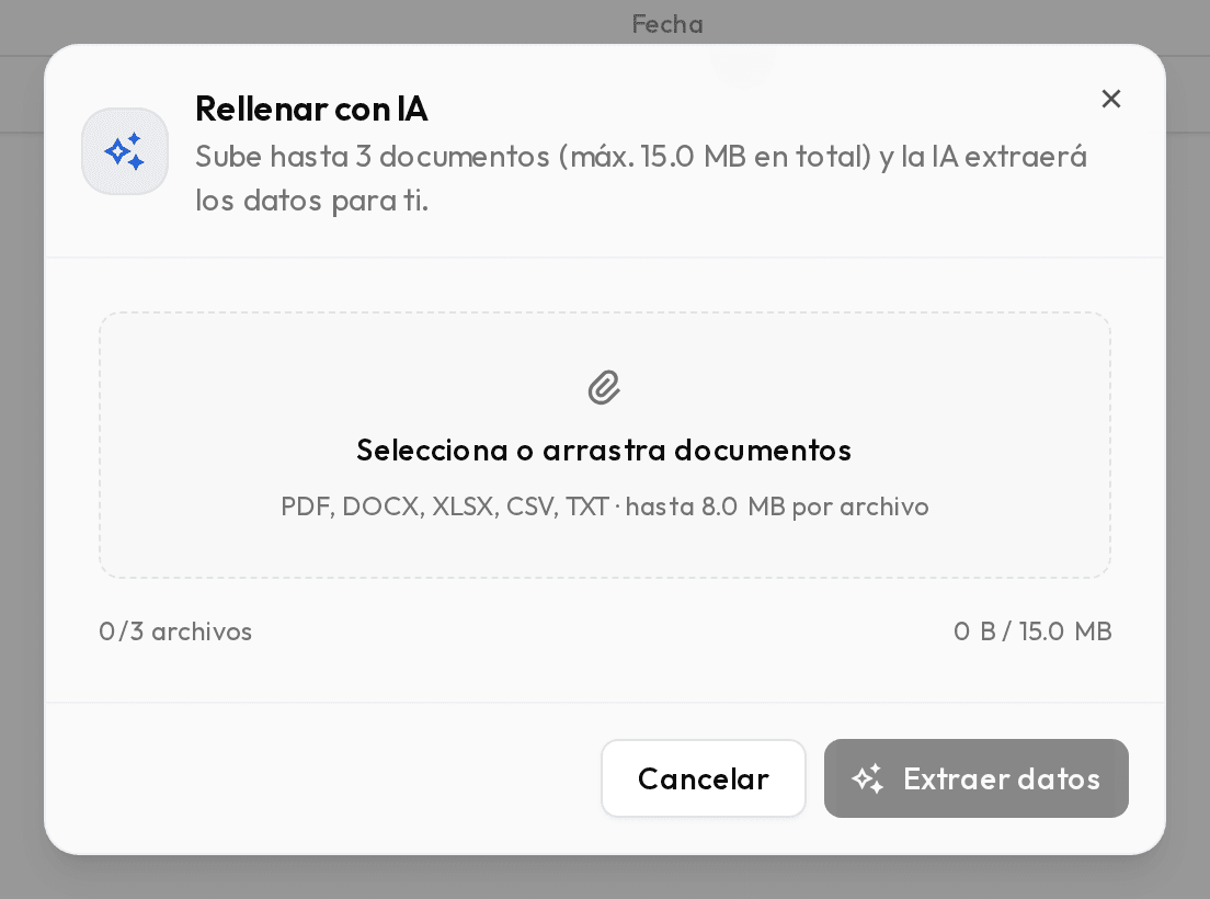 Ventana Rellenar con IA con la zona para arrastrar documentos.