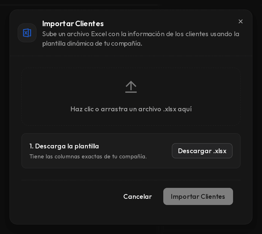 Ventana Importar Clientes con la zona para arrastrar el archivo y el botón de descarga de la plantilla.