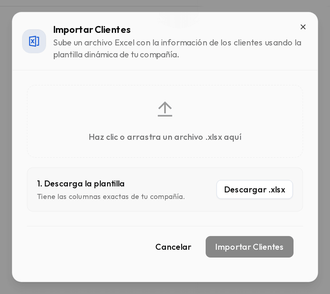 Ventana Importar Clientes con la zona para arrastrar el archivo y el botón de descarga de la plantilla.