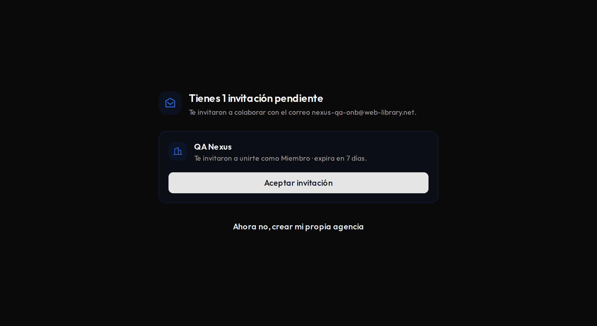Pantalla de agencias con una invitación pendiente y el botón Aceptar invitación.