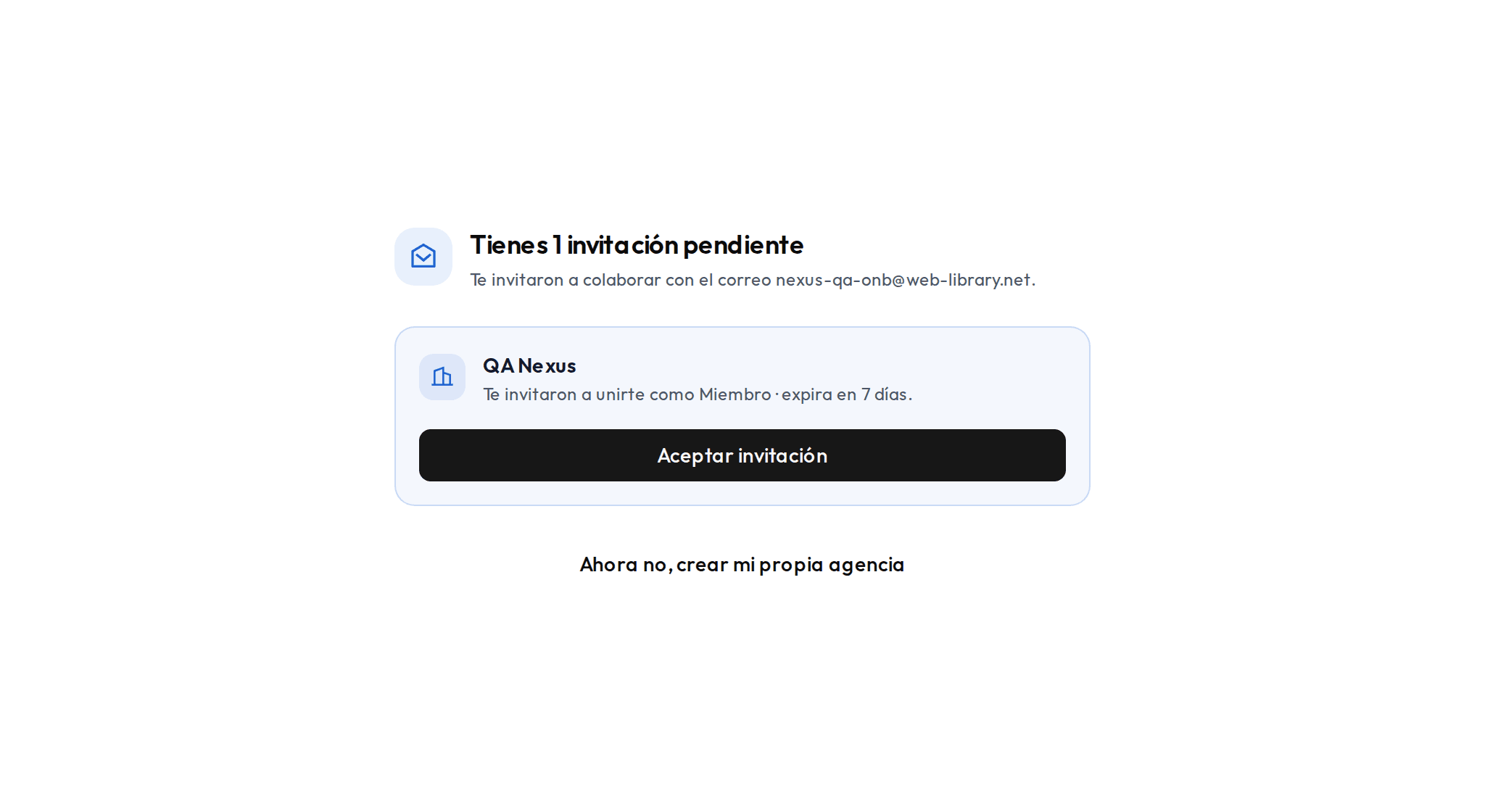 Pantalla de agencias con una invitación pendiente y el botón Aceptar invitación.