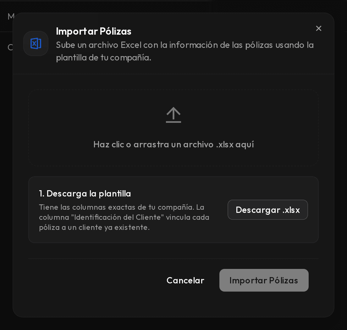 Ventana Importar Pólizas con la opción de descargar la plantilla de Excel.