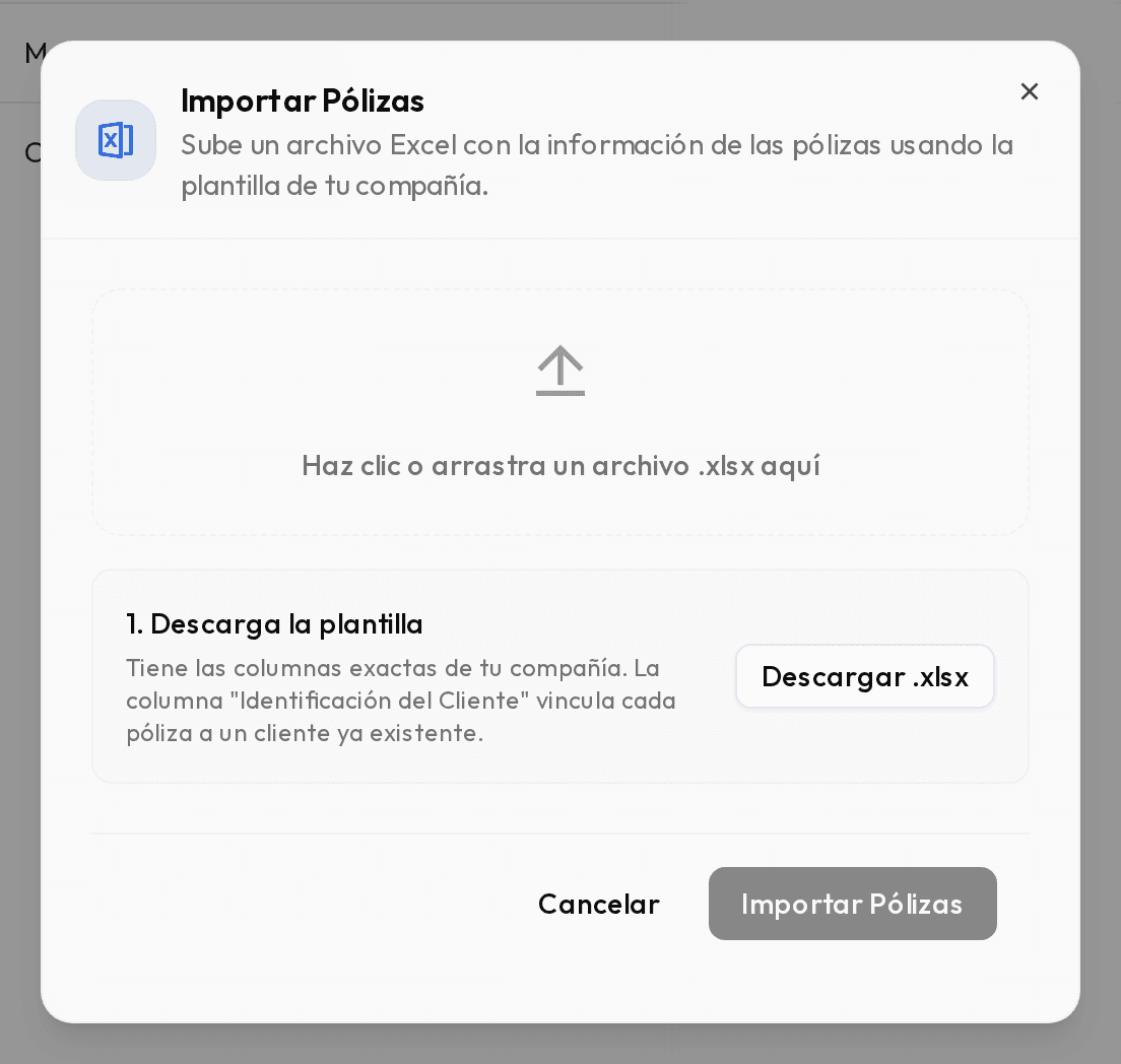 Ventana Importar Pólizas con la opción de descargar la plantilla de Excel.