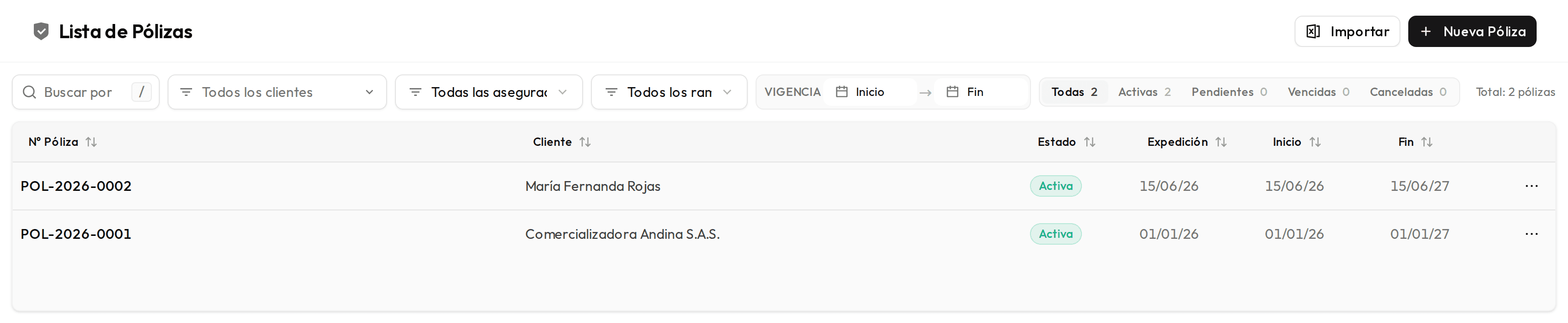 Lista de pólizas con la barra de contadores por estado en la parte superior.