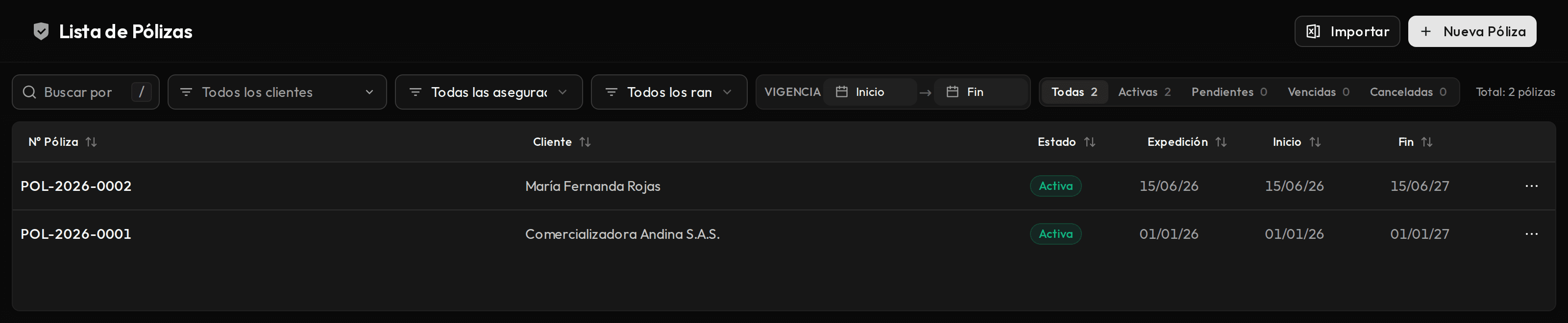 Lista de pólizas con el botón Nueva Póliza en la parte superior.