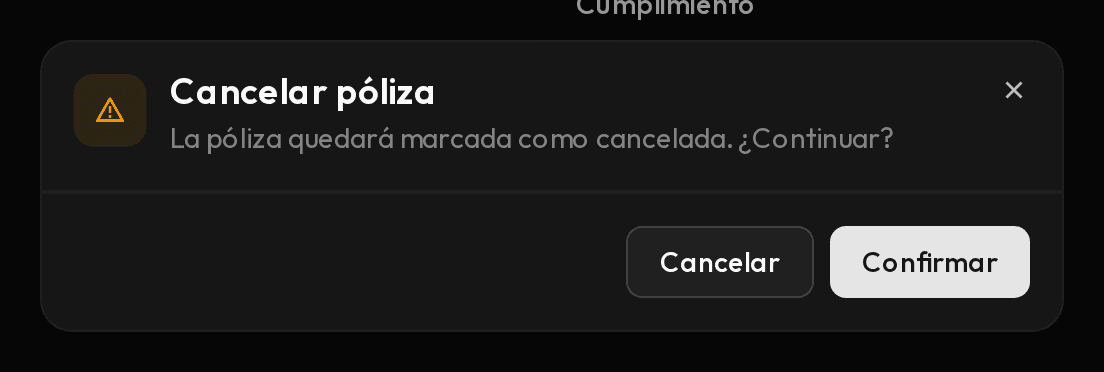 Ventana de confirmación al cancelar una póliza.