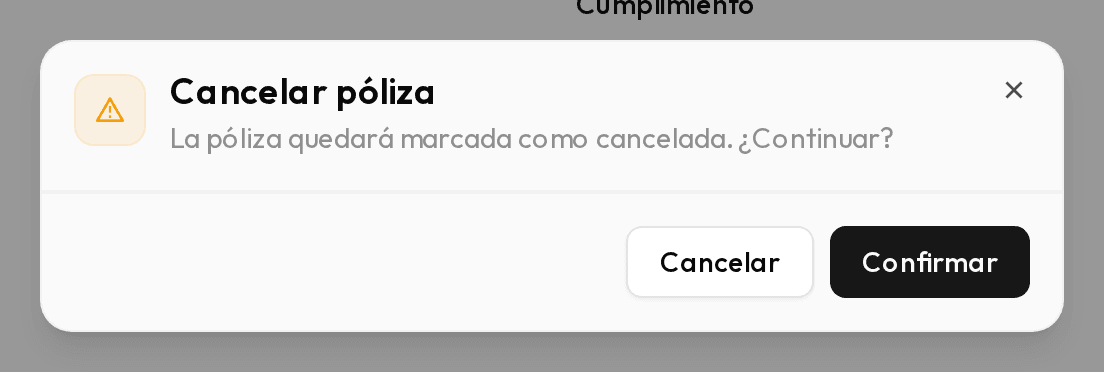 Ventana de confirmación al cancelar una póliza.