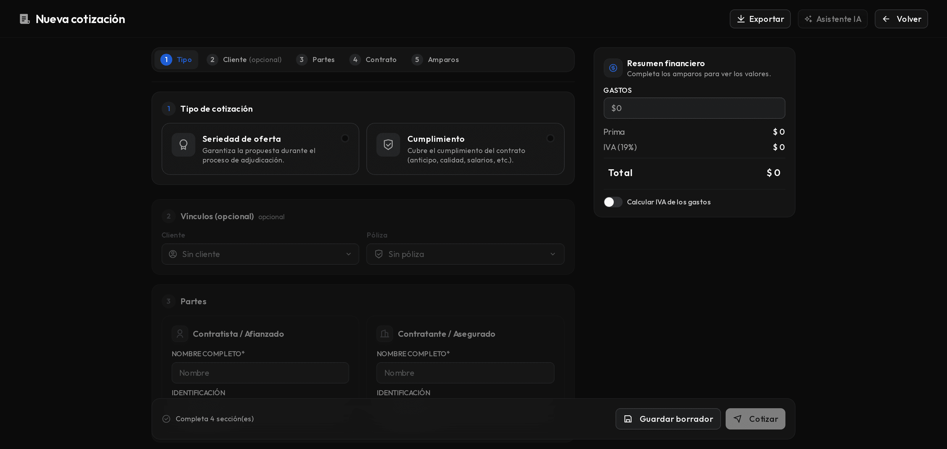Formulario de nueva cotización con el indicador de progreso y la sección Tipo de cotización.