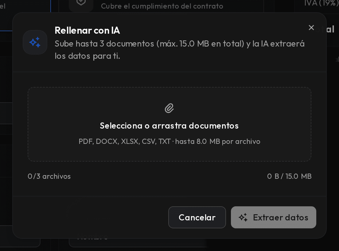 Ventana Rellenar con IA con la zona para seleccionar o arrastrar documentos.