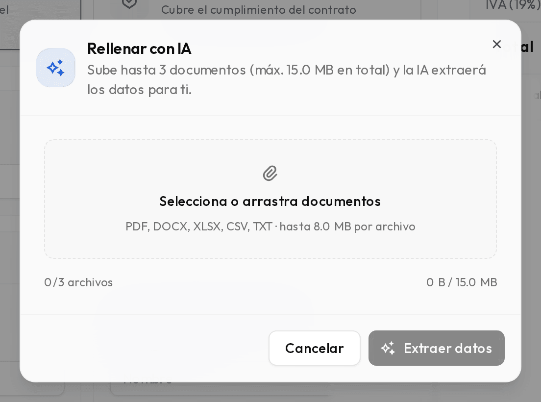 Ventana Rellenar con IA con la zona para seleccionar o arrastrar documentos.