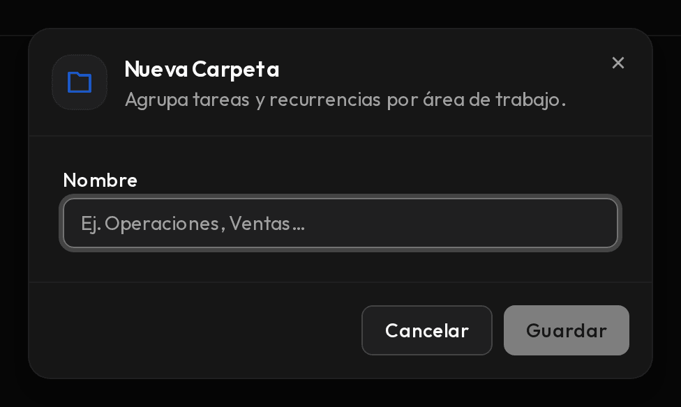 Barra lateral de Tareas con la sección Carpetas y la ventana Nueva Carpeta abierta.
